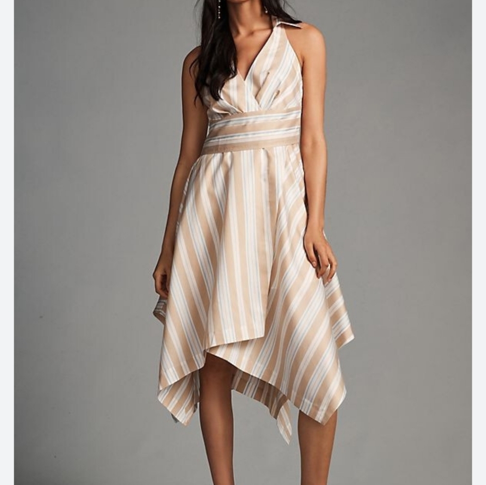 Anthropologie Asymmetrical Wrap Stripes Shirt Dress Sz 14 Petite Tan White Blue